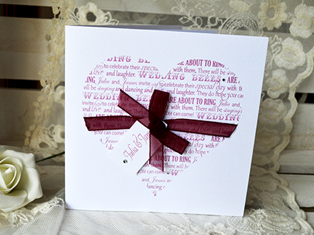 From the Heart with burgundy organza bow, tag and diamantes